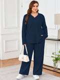 SHOWMALL Women's Plus Size Pajama Set, Long Sleeve Henley Top and Wide Leg Pants Soft Ribbed Lounge Sleepwear