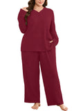 SHOWMALL Women's Plus Size Pajama Set, Long Sleeve Henley Top and Wide Leg Pants Soft Ribbed Lounge Sleepwear
