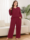 SHOWMALL Women's Plus Size Pajama Set, Long Sleeve Henley Top and Wide Leg Pants Soft Ribbed Lounge Sleepwear
