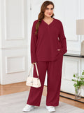 SHOWMALL Women's Plus Size Pajama Set, Long Sleeve Henley Top and Wide Leg Pants Soft Ribbed Lounge Sleepwear