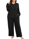SHOWMALL Women's Plus Size Pajama Set, Long Sleeve Henley Top and Wide Leg Pants Soft Ribbed Lounge Sleepwear