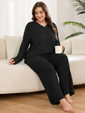 SHOWMALL Women's Plus Size Pajama Set, Long Sleeve Henley Top and Wide Leg Pants Soft Ribbed Lounge Sleepwear