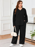 SHOWMALL Women's Plus Size Pajama Set, Long Sleeve Henley Top and Wide Leg Pants Soft Ribbed Lounge Sleepwear