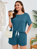 SHOWMALL Women's Plus Size Two Piece Outfits Summer Lounge Matching Sets Short Sleeve Top & Shorts