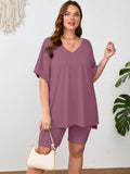 SHOWMALL Women Plus Size Loungewear Set Short Sleeves and Bliker Shorts