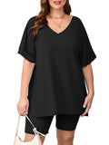 SHOWMALL Women Plus Size Loungewear Set Short Sleeves and Bliker Shorts