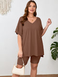 SHOWMALL Women Plus Size Loungewear Set Short Sleeves and Bliker Shorts