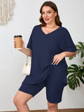 SHOWMALL Women Plus Size Loungewear Set Short Sleeves and Bliker Shorts