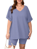 SHOWMALL Women Plus Size Loungewear Set Short Sleeves and Bliker Shorts