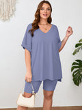 SHOWMALL Women Plus Size Loungewear Set Short Sleeves and Bliker Shorts