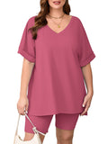 SHOWMALL Women Plus Size Loungewear Set Short Sleeves and Bliker Shorts