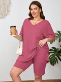 SHOWMALL Women Plus Size Loungewear Set Short Sleeves and Bliker Shorts