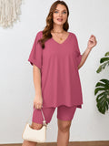 SHOWMALL Women Plus Size Loungewear Set Short Sleeves and Bliker Shorts