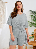 SHOWMALL Women's Plus Size 2 Piece Outfit Sets, Dark Short Sleeve Side Split Tunic Tops and Biker Shorts Sets, Summer Soft Loungewear