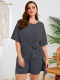 SHOWMALL Women's Plus Size 2 Piece Outfit Sets, Dark Short Sleeve Side Split Tunic Tops and Biker Shorts Sets, Summer Soft Loungewear