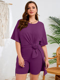 SHOWMALL Women's Plus Size 2 Piece Outfit Sets, Dark Short Sleeve Side Split Tunic Tops and Biker Shorts Sets, Summer Soft Loungewear