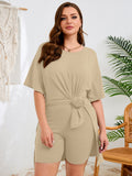 SHOWMALL Women's Plus Size 2 Piece Outfit Sets, Dark Short Sleeve Side Split Tunic Tops and Biker Shorts Sets, Summer Soft Loungewear