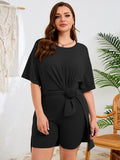 SHOWMALL Women's Plus Size 2 Piece Outfit Sets, Dark Short Sleeve Side Split Tunic Tops and Biker Shorts Sets, Summer Soft Loungewear