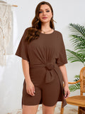 SHOWMALL Women's Plus Size 2 Piece Outfit Sets, Dark Short Sleeve Side Split Tunic Tops and Biker Shorts Sets, Summer Soft Loungewear