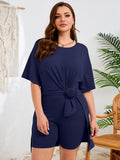 SHOWMALL Women's Plus Size 2 Piece Outfit Sets, Dark Short Sleeve Side Split Tunic Tops and Biker Shorts Sets, Summer Soft Loungewear