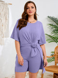 SHOWMALL Women's Plus Size 2 Piece Outfit Sets, Dark Short Sleeve Side Split Tunic Tops and Biker Shorts Sets, Summer Soft Loungewear