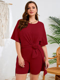 SHOWMALL Women's Plus Size 2 Piece Outfit Sets, Dark Short Sleeve Side Split Tunic Tops and Biker Shorts Sets, Summer Soft Loungewear