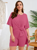 SHOWMALL Women's Plus Size 2 Piece Outfit Sets, Dark Short Sleeve Side Split Tunic Tops and Biker Shorts Sets, Summer Soft Loungewear