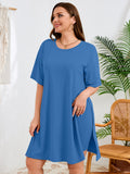 SHOWMALL Women's Plus Size 2 Piece Outfit Sets, Dark Short Sleeve Side Split Tunic Tops and Biker Shorts Sets, Summer Soft Loungewear