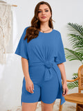 SHOWMALL Women's Plus Size 2 Piece Outfit Sets, Dark Short Sleeve Side Split Tunic Tops and Biker Shorts Sets, Summer Soft Loungewear