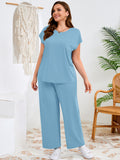 SHOWMALL Women's Plus Size Travel Outfits 2 Piece Matching Sets Short Sleeve Top & Wide Leg Pants Soft Lounge Wear