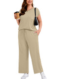 SHOWMALL Women's Plus Size Travel Outfits 2 Piece Matching Sets Short Sleeve Top & Wide Leg Pants Soft Lounge Wear