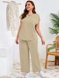 SHOWMALL Women's Plus Size Travel Outfits 2 Piece Matching Sets Short Sleeve Top & Wide Leg Pants Soft Lounge Wear