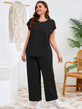 SHOWMALL Women's Plus Size Travel Outfits 2 Piece Matching Sets Short Sleeve Top & Wide Leg Pants Soft Lounge Wear