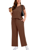 SHOWMALL Women's Plus Size Travel Outfits 2 Piece Matching Sets Short Sleeve Top & Wide Leg Pants Soft Lounge Wear
