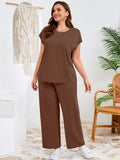 SHOWMALL Women's Plus Size Travel Outfits 2 Piece Matching Sets Short Sleeve Top & Wide Leg Pants Soft Lounge Wear