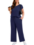 SHOWMALL Women's Plus Size Travel Outfits 2 Piece Matching Sets Short Sleeve Top & Wide Leg Pants Soft Lounge Wear