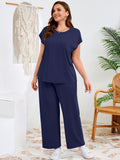SHOWMALL Women's Plus Size Travel Outfits 2 Piece Matching Sets Short Sleeve Top & Wide Leg Pants Soft Lounge Wear