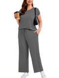 SHOWMALL Women's Plus Size Travel Outfits 2 Piece Matching Sets Short Sleeve Top & Wide Leg Pants Soft Lounge Wear