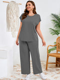 SHOWMALL Women's Plus Size Travel Outfits 2 Piece Matching Sets Short Sleeve Top & Wide Leg Pants Soft Lounge Wear