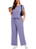 SHOWMALL Women's Plus Size Travel Outfits 2 Piece Matching Sets Short Sleeve Top & Wide Leg Pants Soft Lounge Wear