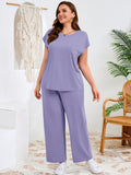 SHOWMALL Women's Plus Size Travel Outfits 2 Piece Matching Sets Short Sleeve Top & Wide Leg Pants Soft Lounge Wear