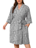 SHOWMALL Plus Size Leopard Robe for Women, Lightweight Kimono Bathrobe with Pockets, 3/4 Sleeve Mid-Calf Wrap Loungewear