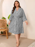 SHOWMALL Plus Size Leopard Robe for Women, Lightweight Kimono Bathrobe with Pockets, 3/4 Sleeve Mid-Calf Wrap Loungewear