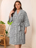 SHOWMALL Plus Size Leopard Robe for Women, Lightweight Kimono Bathrobe with Pockets, 3/4 Sleeve Mid-Calf Wrap Loungewear