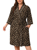 SHOWMALL Plus Size Leopard Robe for Women, Lightweight Kimono Bathrobe with Pockets, 3/4 Sleeve Mid-Calf Wrap Loungewear