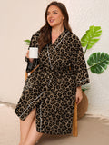 SHOWMALL Plus Size Leopard Robe for Women, Lightweight Kimono Bathrobe with Pockets, 3/4 Sleeve Mid-Calf Wrap Loungewear
