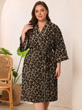SHOWMALL Plus Size Leopard Robe for Women, Lightweight Kimono Bathrobe with Pockets, 3/4 Sleeve Mid-Calf Wrap Loungewear