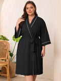 SHOWMALL Plus Size Leopard Robe for Women, Lightweight Kimono Bathrobe with Pockets, 3/4 Sleeve Mid-Calf Wrap Loungewear