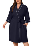 SHOWMALL Plus Size Leopard Robe for Women, Lightweight Kimono Bathrobe with Pockets, 3/4 Sleeve Mid-Calf Wrap Loungewear