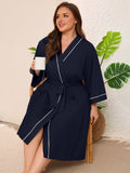 SHOWMALL Plus Size Leopard Robe for Women, Lightweight Kimono Bathrobe with Pockets, 3/4 Sleeve Mid-Calf Wrap Loungewear